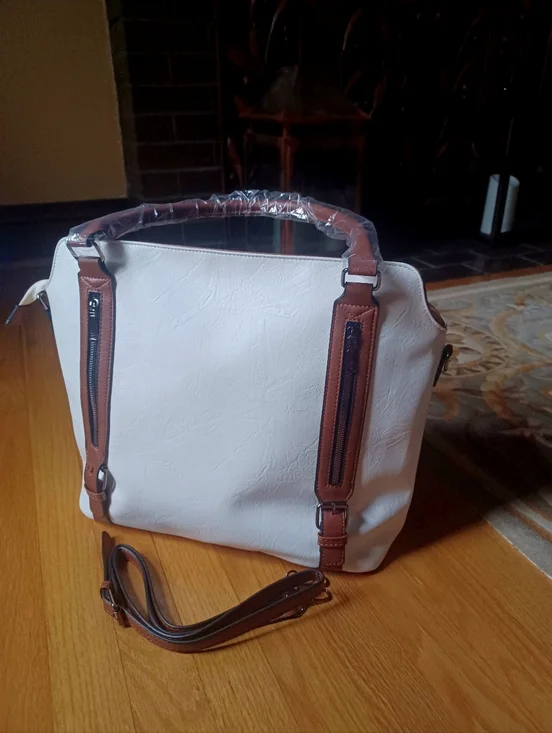 WHITE & BROWN SHOULDER BAG w/GENUINE LEATHER ACCENTS/TRIM-(NEW) - Picture 10 of 10